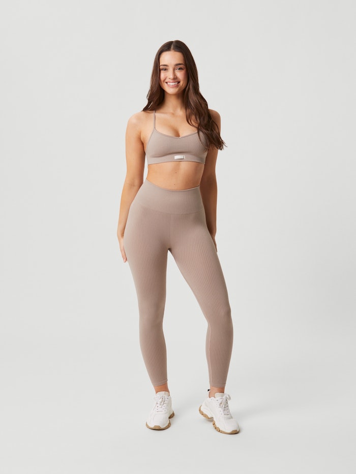 Beige Stretchy Seamless Ribbed High Waisted Gym Leggings